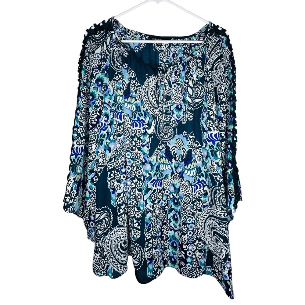 Zac & Rachel Womens Boho Turquoise peasant top paisley crochet sleeves size 1X